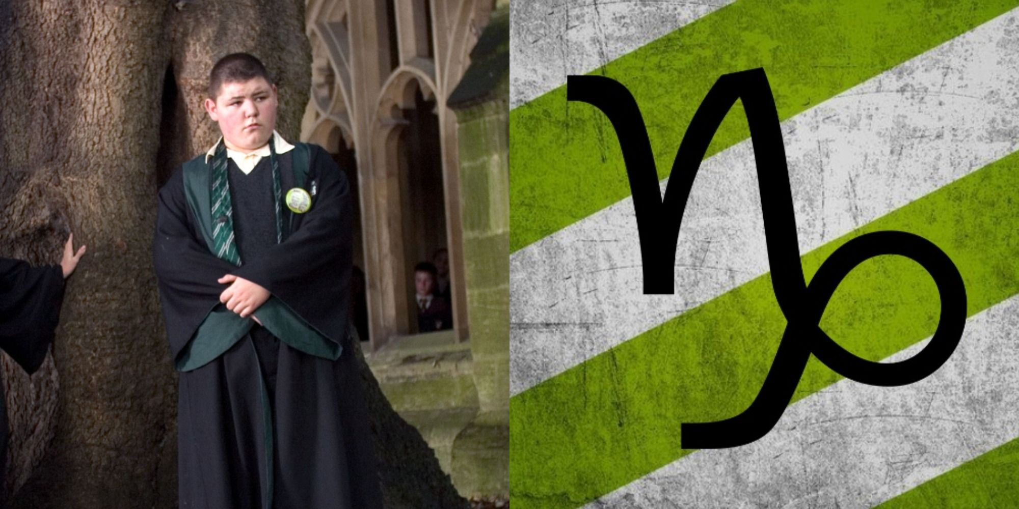 Vincent Crabbe in a Slytherin robe next to the Capricorn symbol over white and green stripes