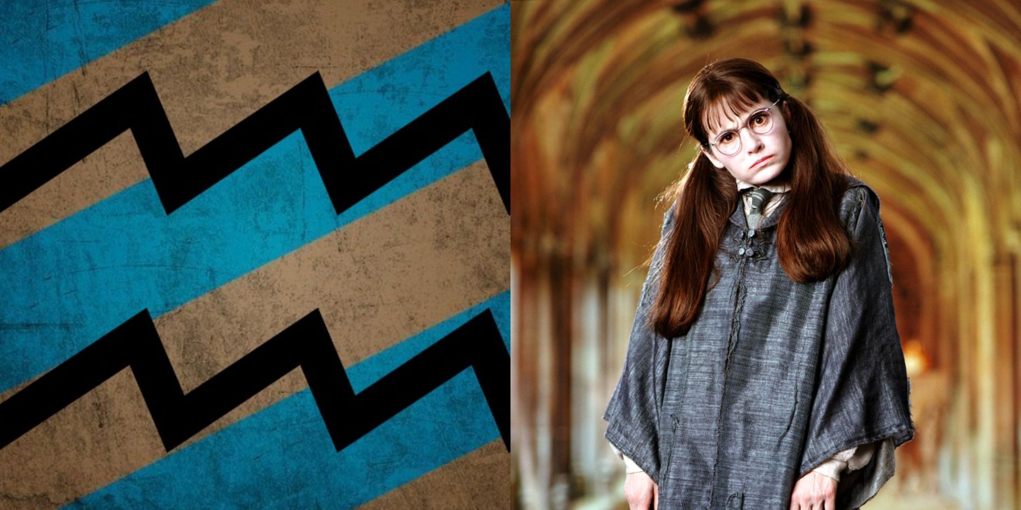 Aquarius symbol over blue and bronze stripes next to Moaning Myrtle in Ravenclaw robe