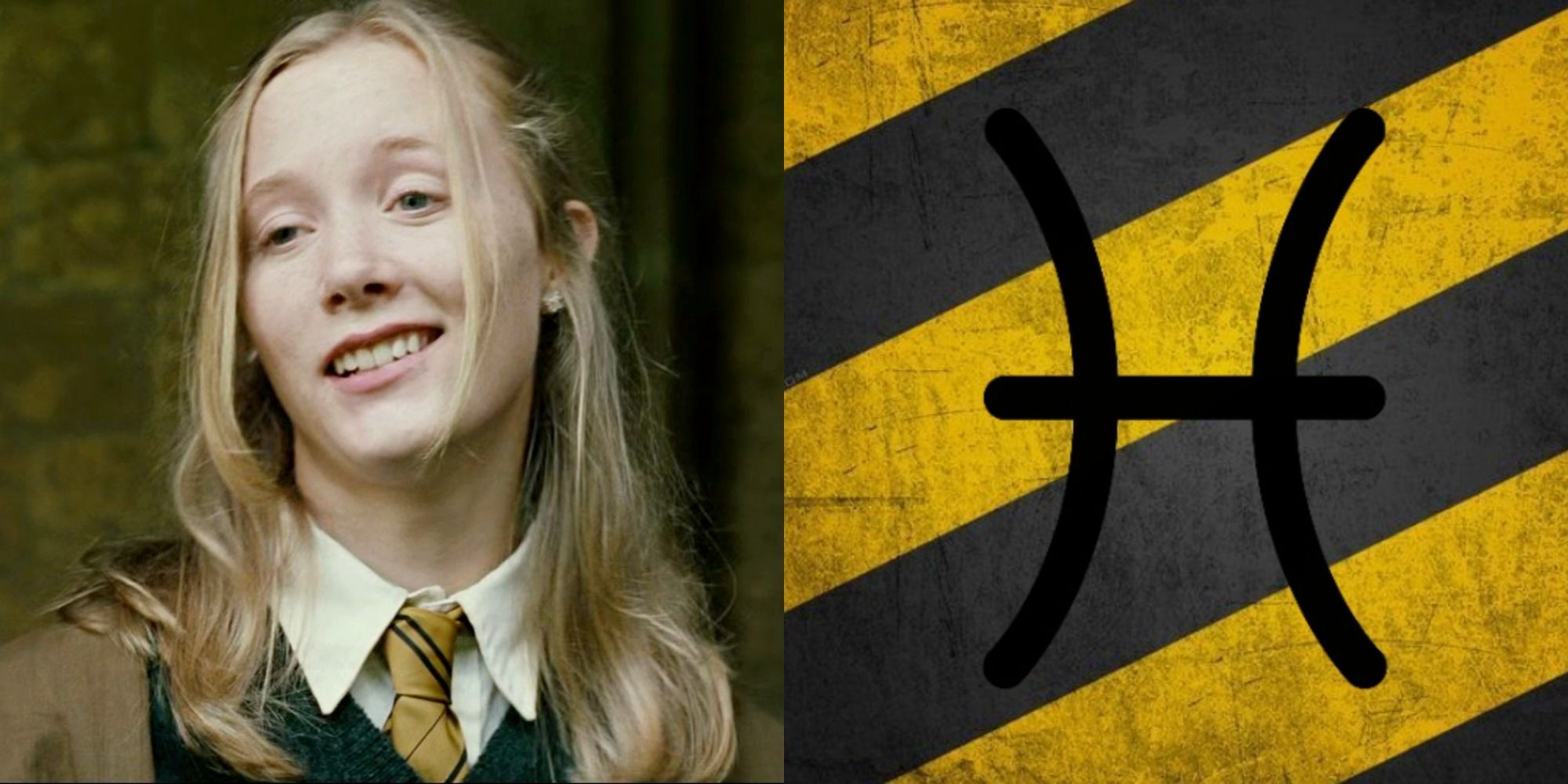 Hannah Abbott in a Hufflepuff Robe next to the Pisces symbol over black and yellow stripes