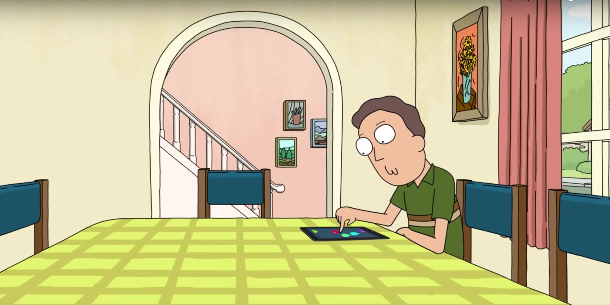 Jerry playing his game at the table alone in Rick and Morty
