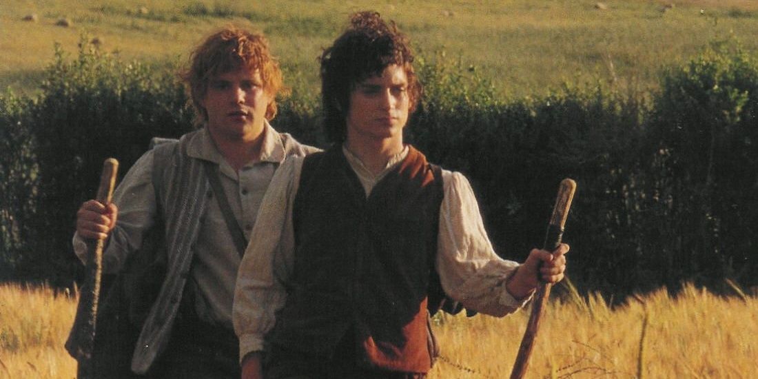 Sam and Frodo walking in a field in The Lord of the Rings