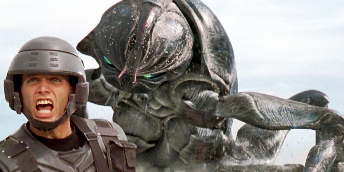 A soldier flees from a giant insect in Starship Troopers