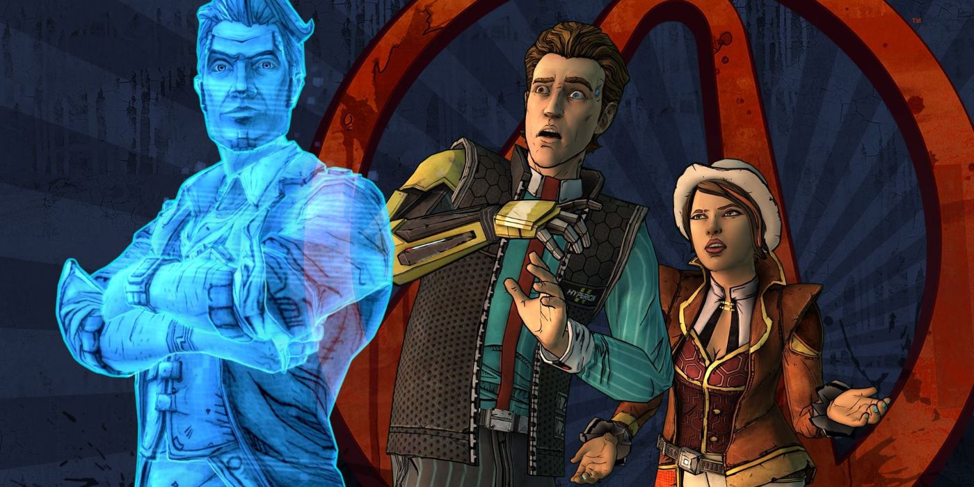 Cuentos del póster de Borderlands de dos personajes jugables y Jack guapo como un holograma