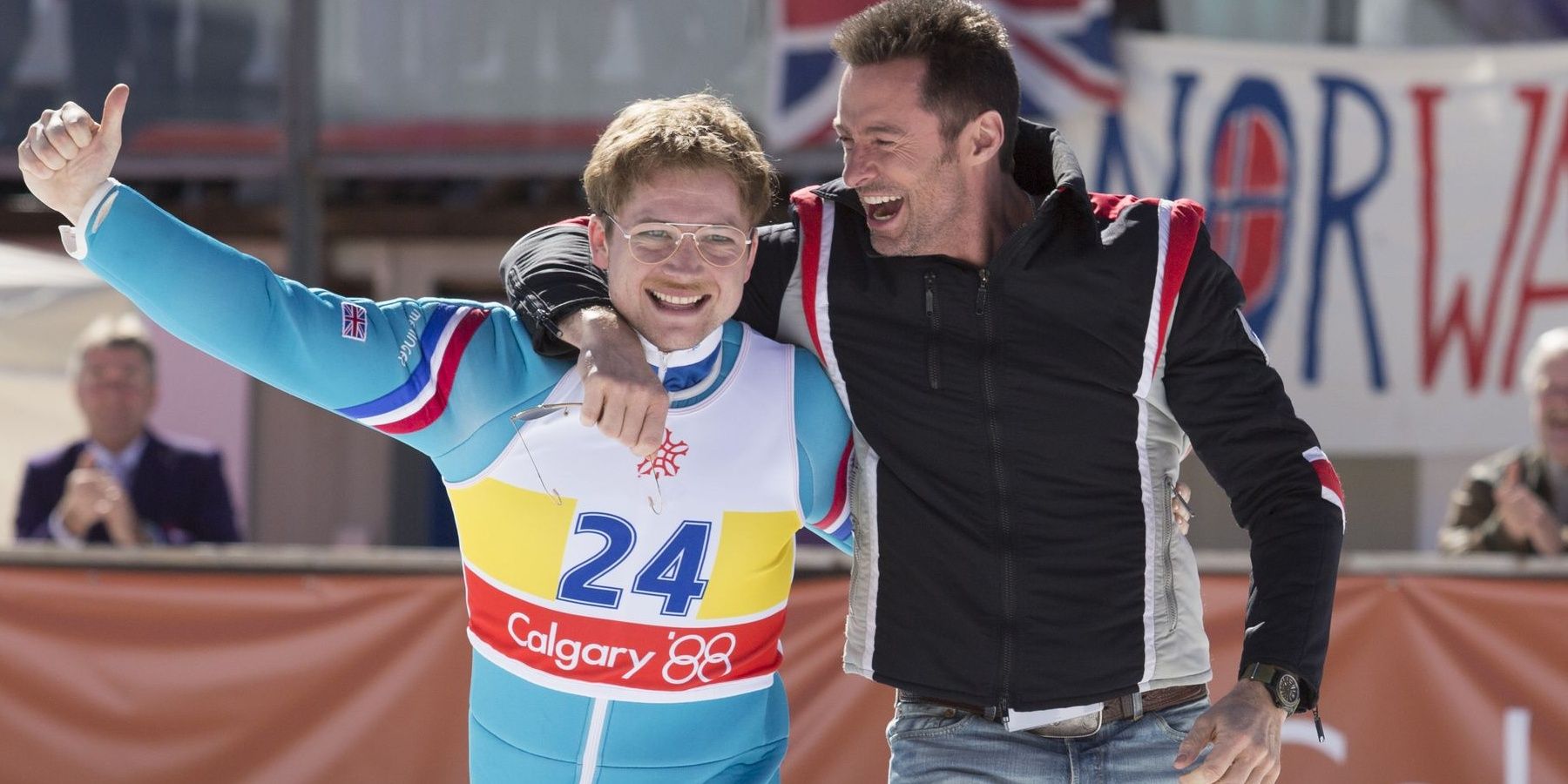 Taron Egerton and Hugh Jackman in Eddie the Eagle