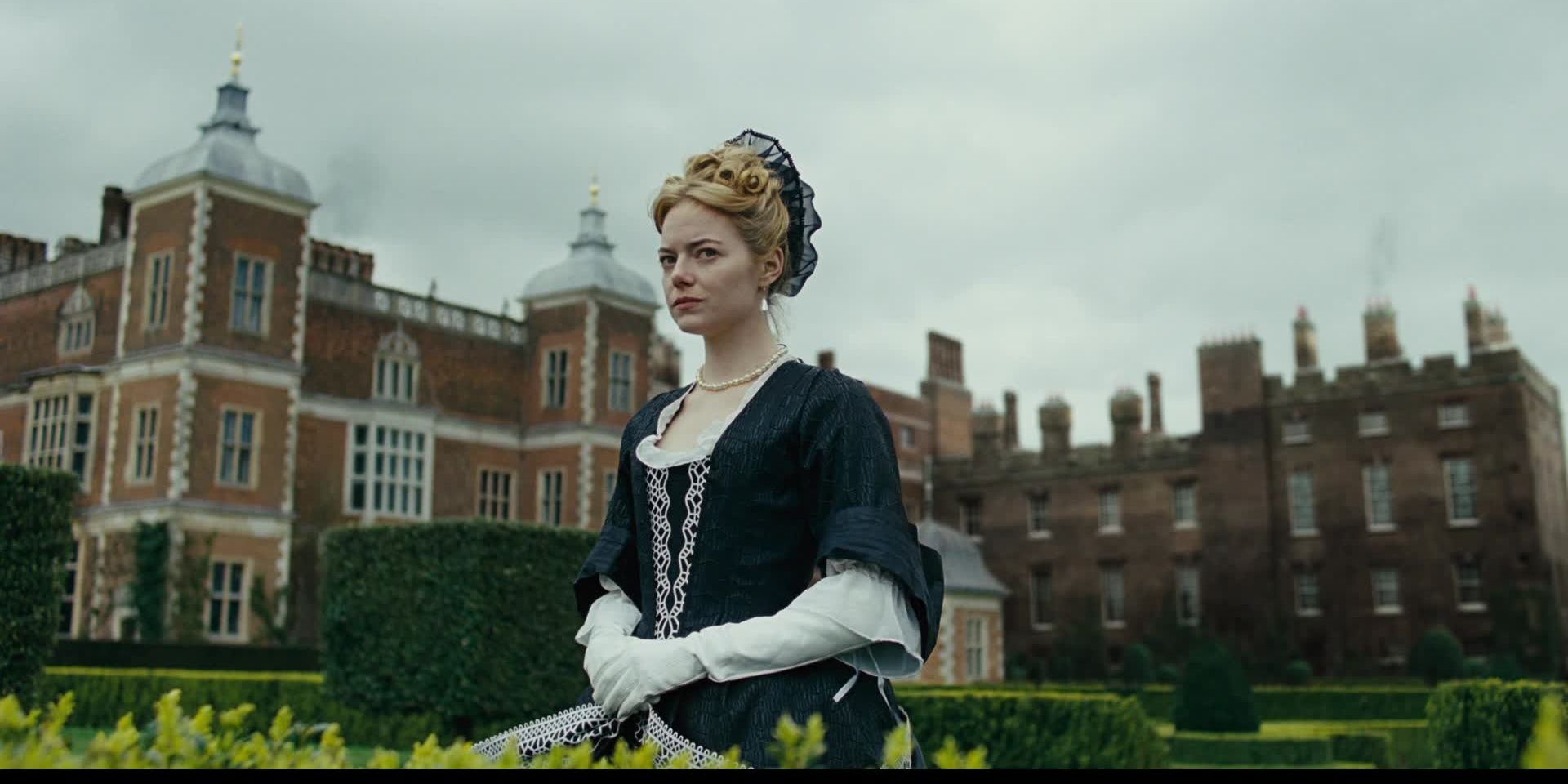 Emma Stone in the gardens in The Favourite