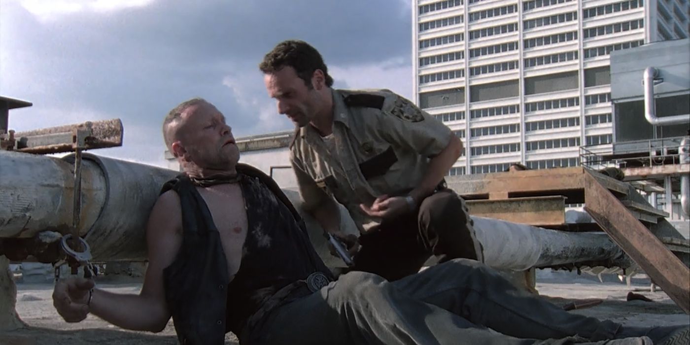 Rick talking to a handcuffed Merle in The Walking Dead