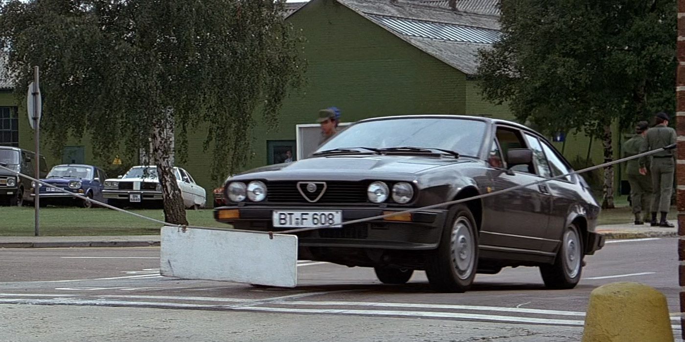 Bond drives an Alfa Romeo through a U.S. Air Base checkpoint in Octopussy