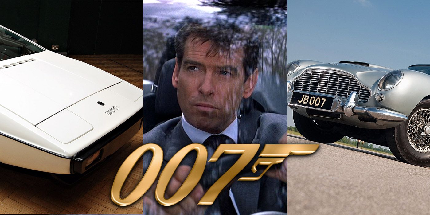 Split image of a Lotus Esprit, James Bond and an Aston Martin DB5