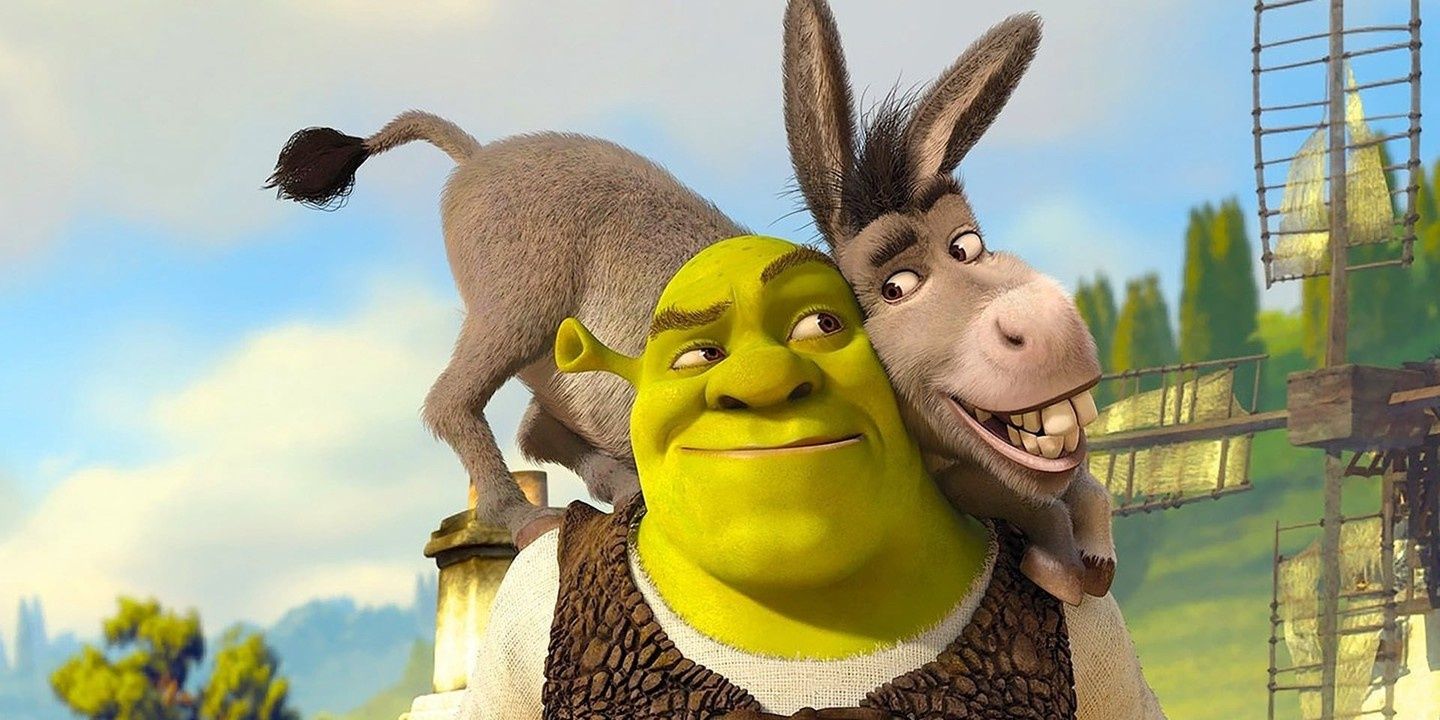 Donkey on Shrek's shoulders