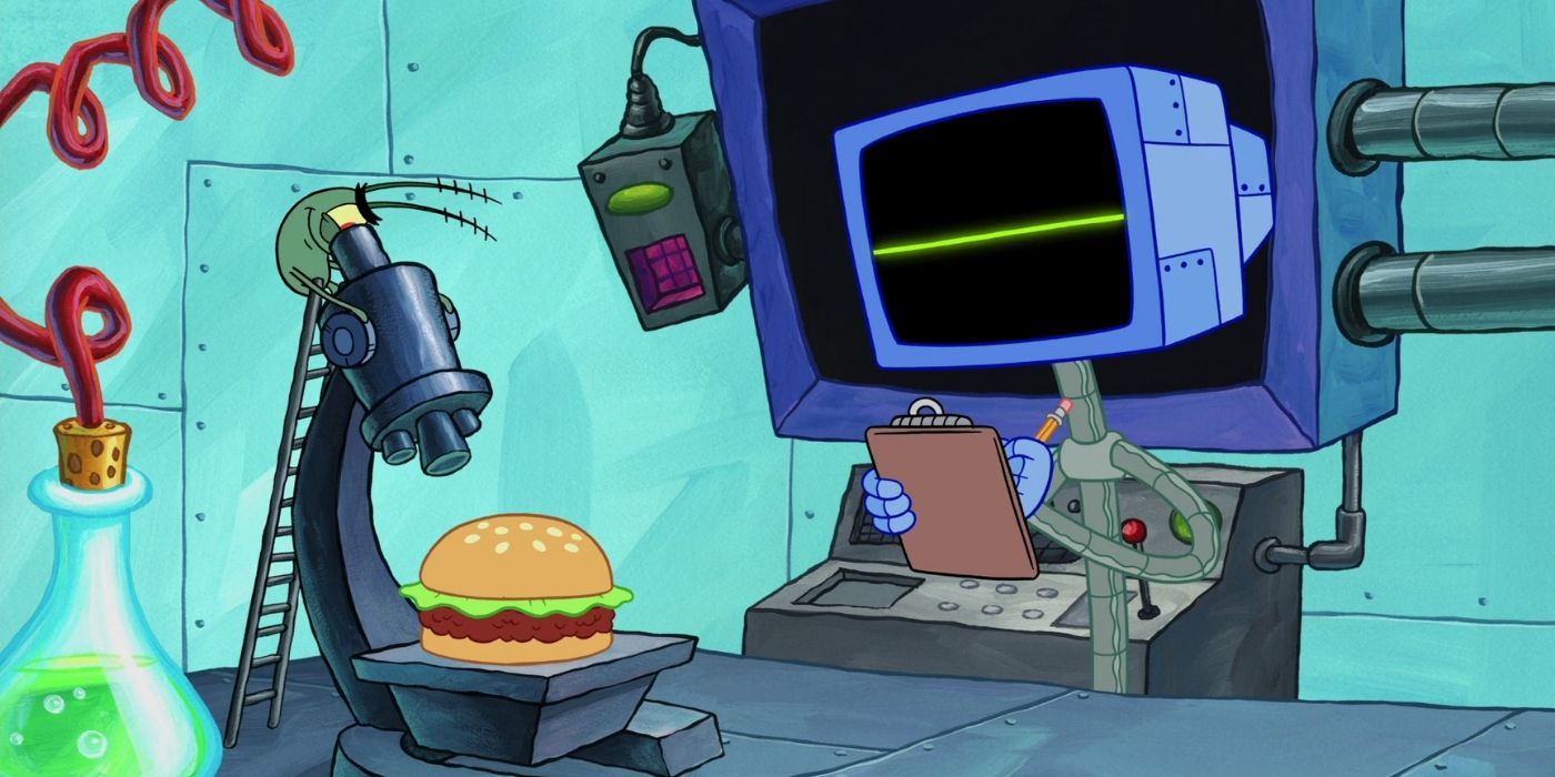 Plankton and Karen analyze a Krabby Patty from Spongebob Squarepants