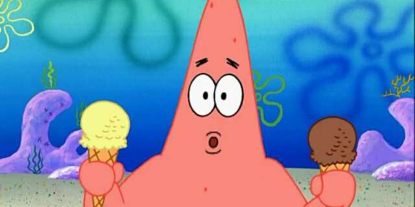 patrick star looking confused while holding two ice creams