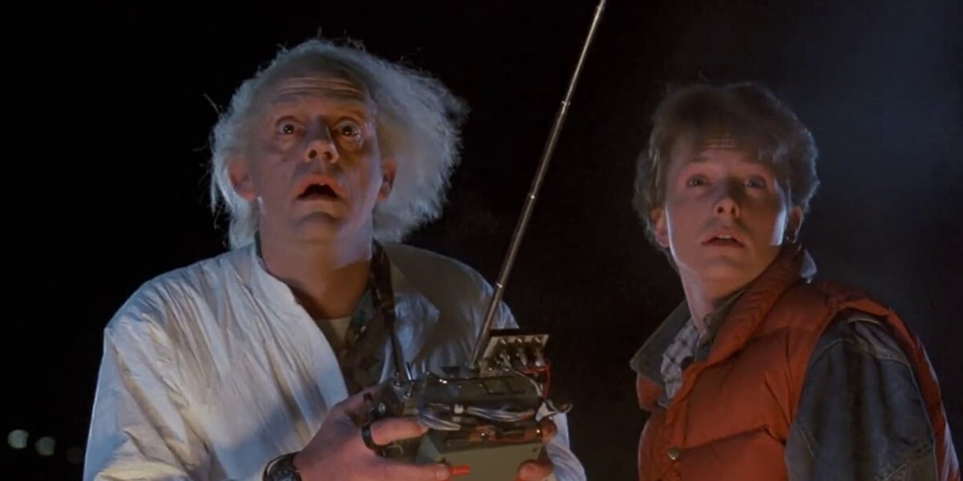 Marty and Doc holding the car remote and looking off in wonder in Back To The Future