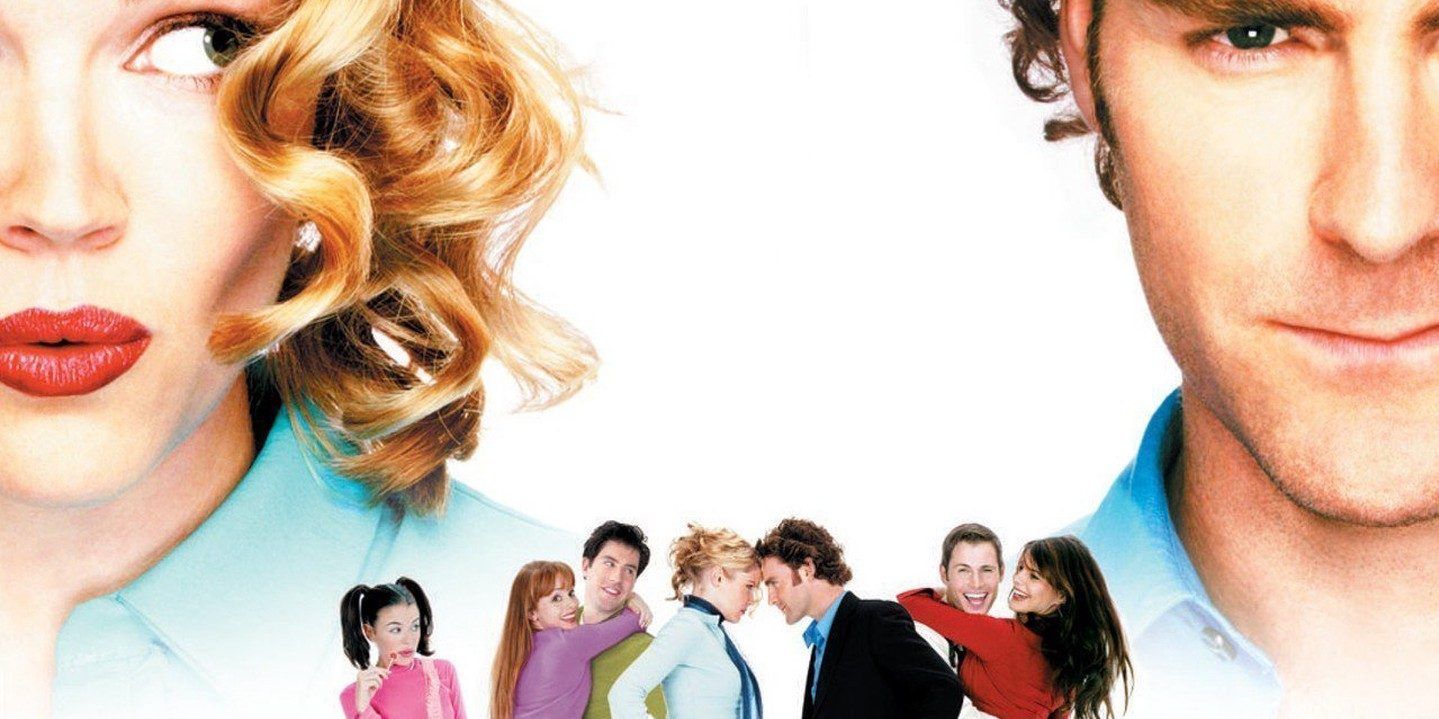 Elizabeth and Darcy appear above the 2003 Pride and Prejudice cast in a cropped version of the movie poster