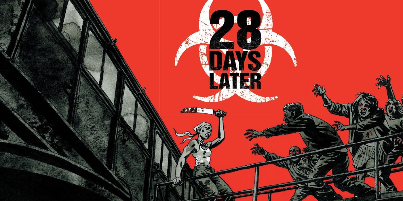A survivor pointing a machete towards zombies in 28 Days Later comics