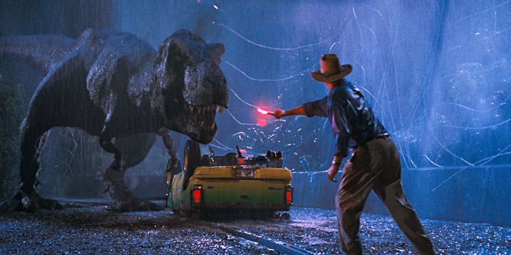 Alan Grant uses a flare to attract the T-Rex's attention in Jurassic Park