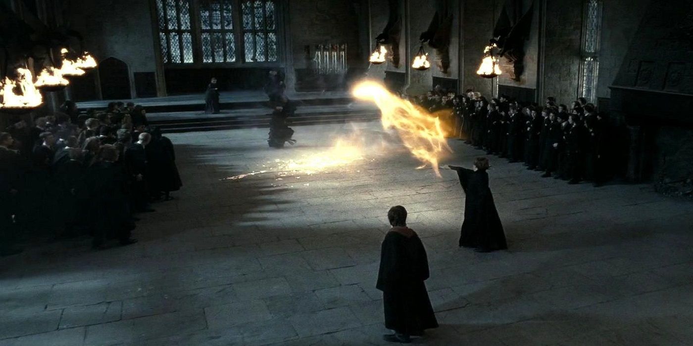 McGonagall protects Harry and fights off Snape in Harry Potter and the Deathly Hallows