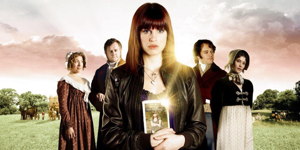 Amanda stands in front of Austen's characters while holding a copy of Pride and Prejudice with herself on the cover in Lost In Austen
