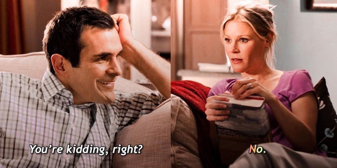 A split image of Phil and Claire at home on Modern Family