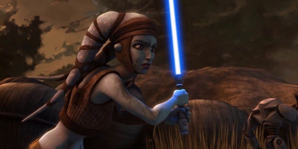 Aayla Secura battles droids in Salucami in The Clone Wars