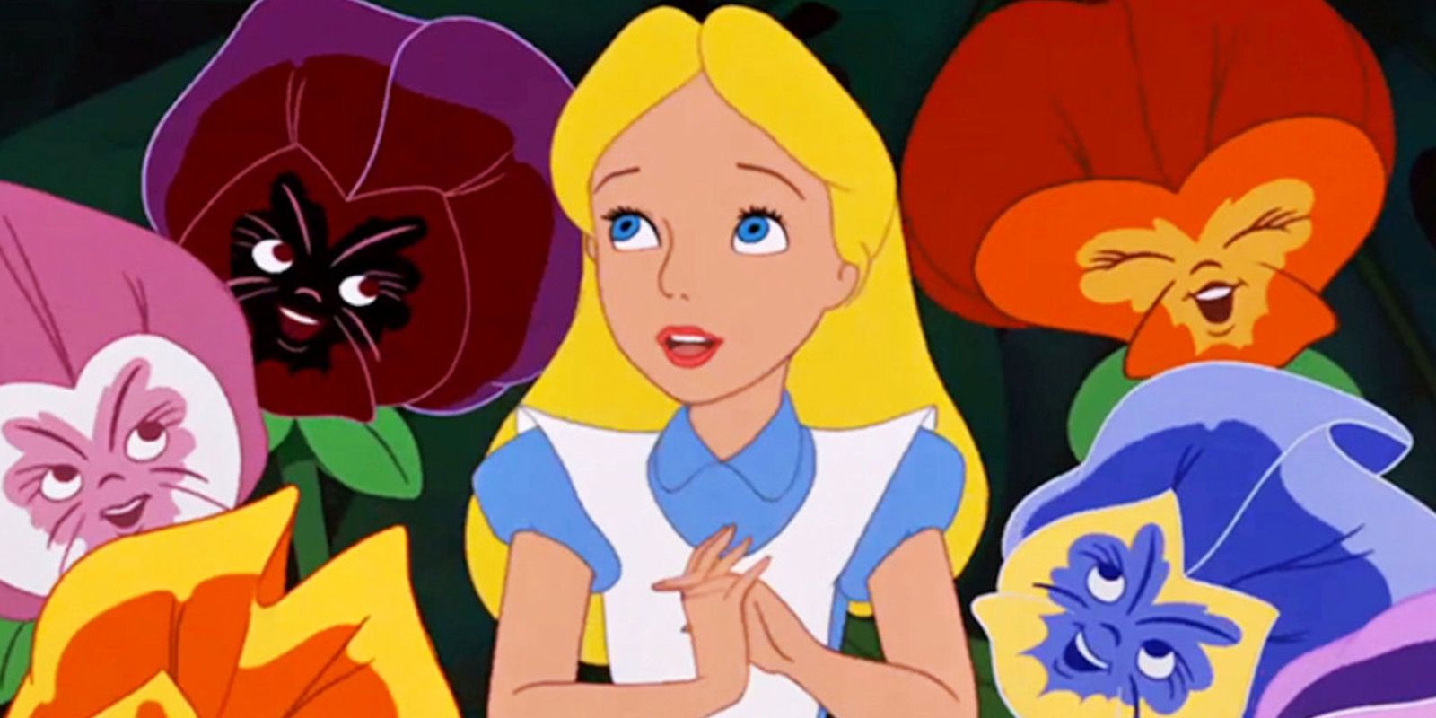 Alice sings with the flowers in Alice In Wonderland