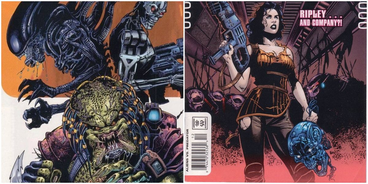 Split images of comic book covers from Alien vs Predator vs The Terminator