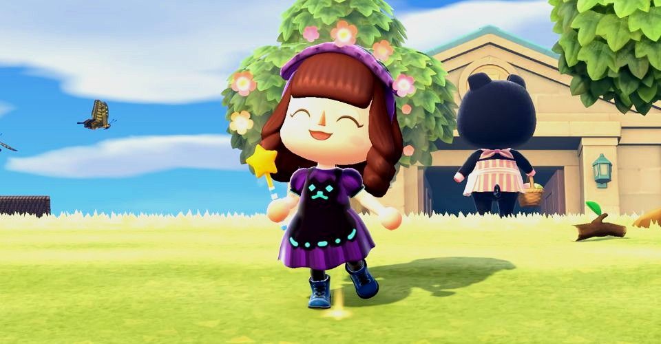 A player holds her Star Wand in Animal Crossing New Horizons