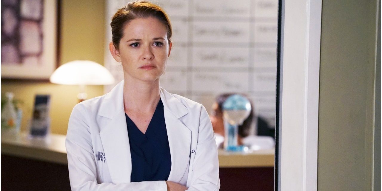 April Kepner looking serious at the hospital on Grey's Anatomy