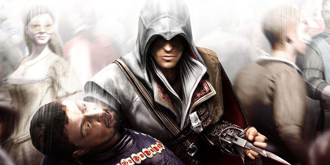 Cover art of Assassins Creed 2 showing the main character after an assassination