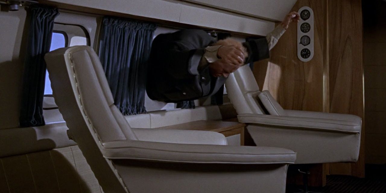 Goldfinger is sucked out the window of a plane
