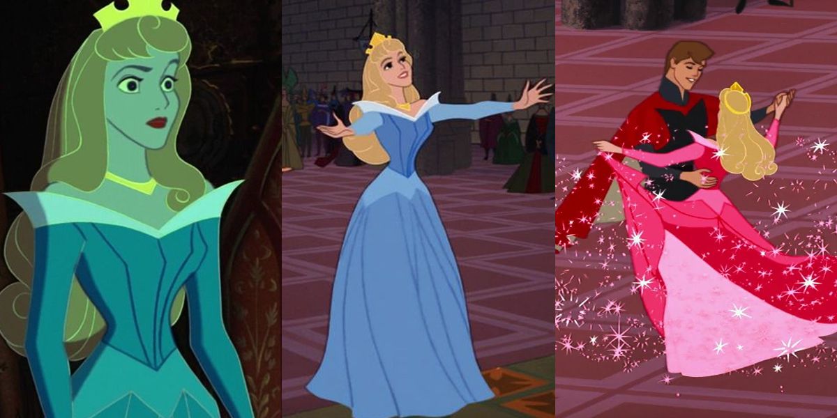 Split images of Aurora in her pink and blue dress in sleeping beauty