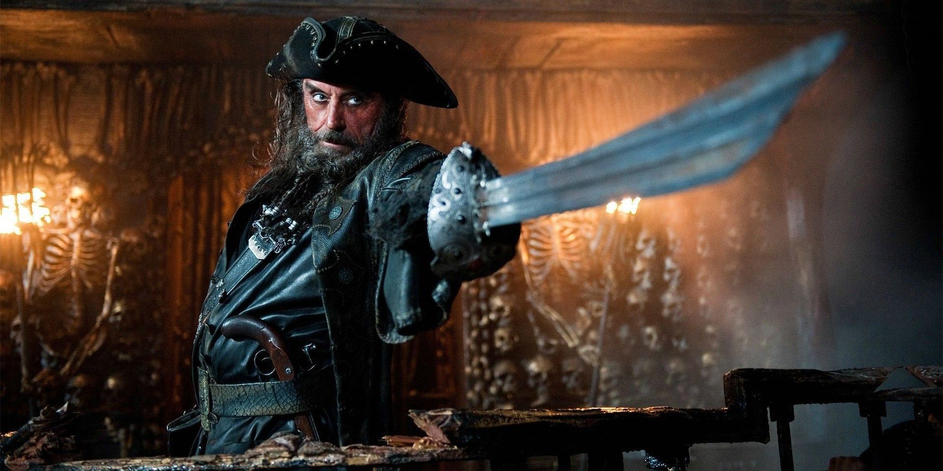 Blackbeard holding the Sword of Triton in Stranger Tides