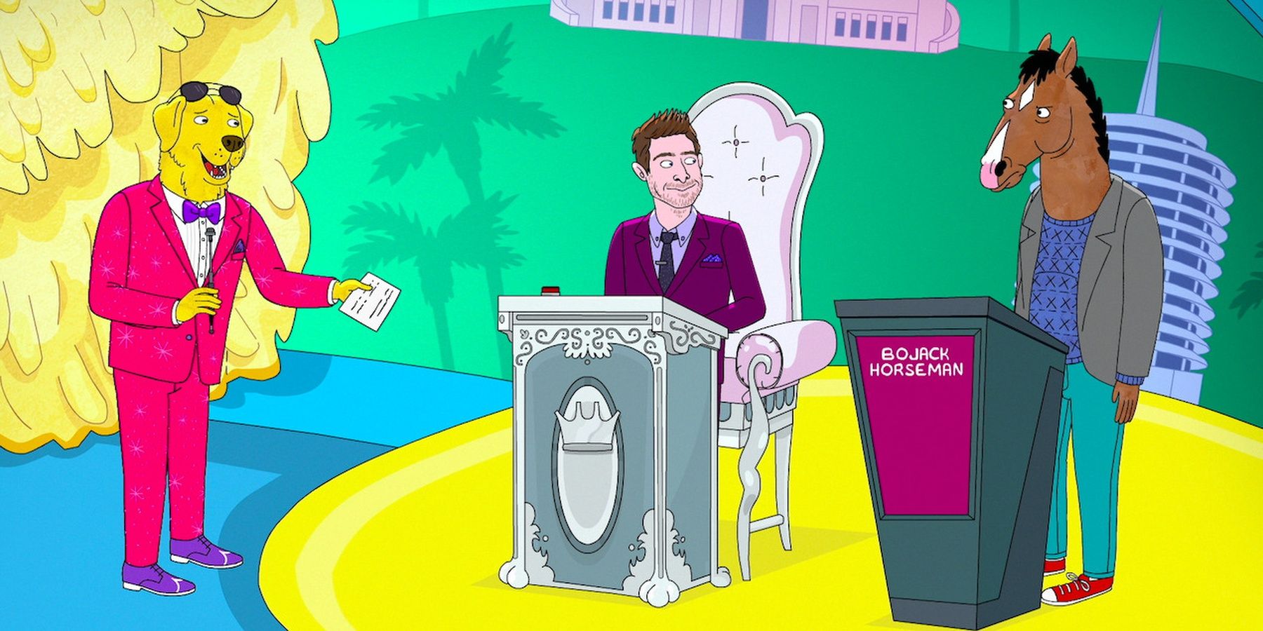 Mr peanutbutter in a pink suit hosting a game show standing opposite daniel radcliffe and bojack horseman