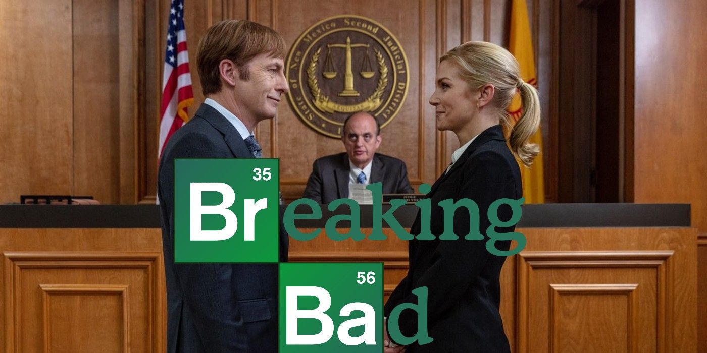 Bob Odenkirk as Jimmy McGill and Rhea Seehorn as Kim in Better Call Saul Breaking Bad logo