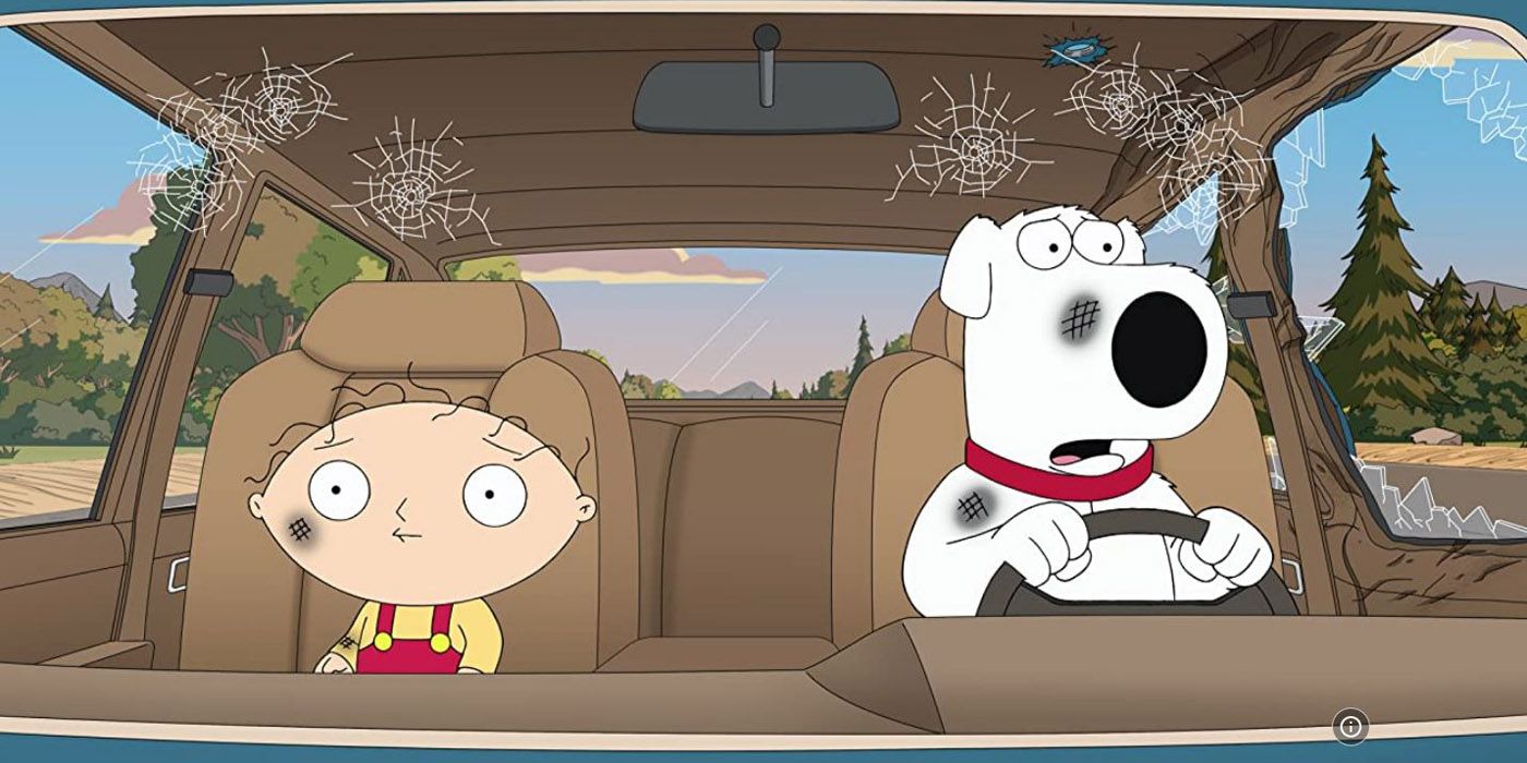 Brian driving Stewie in a car.