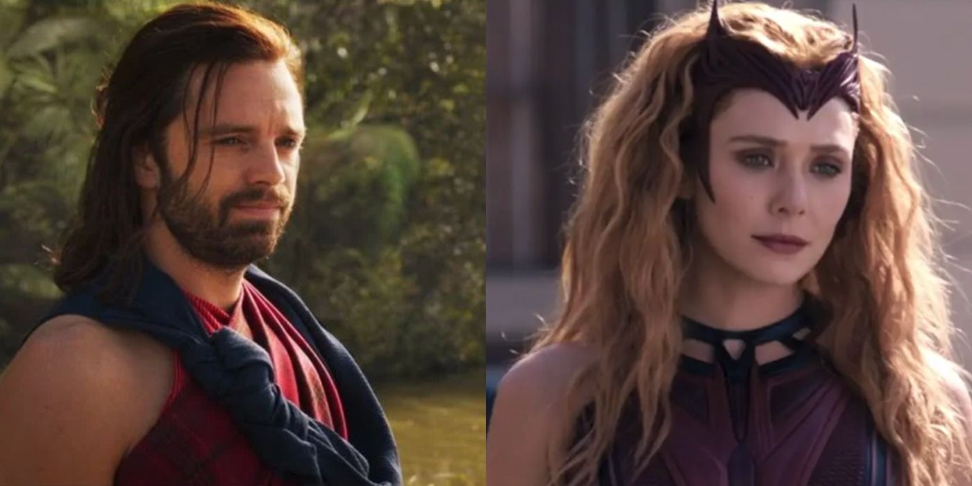 A split image features Bucky Barnes and Wanda Maximoff in the MCU