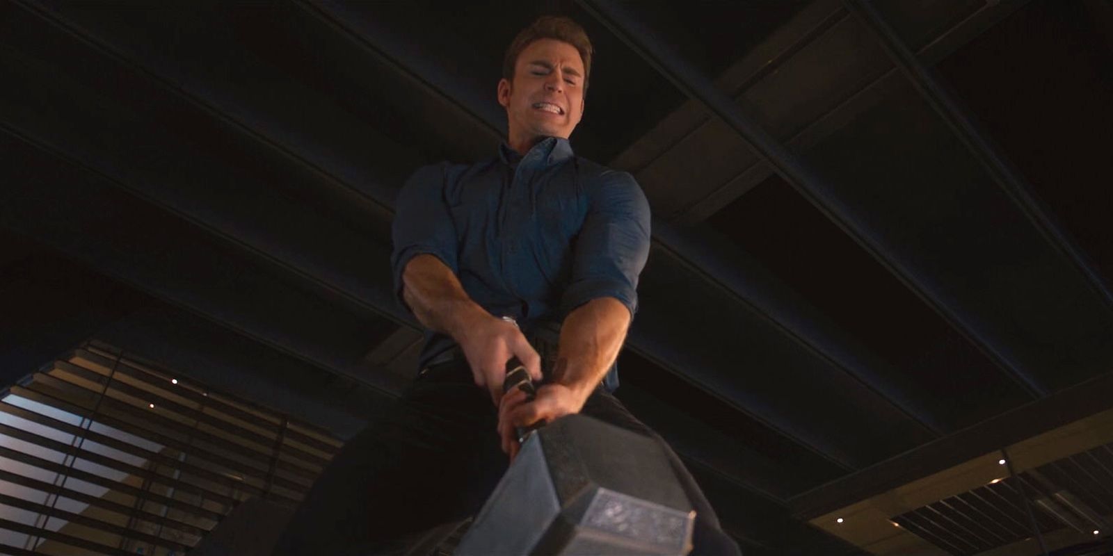 Captain America tries to lift Thor's Hammer in Avengers Age of Ultron