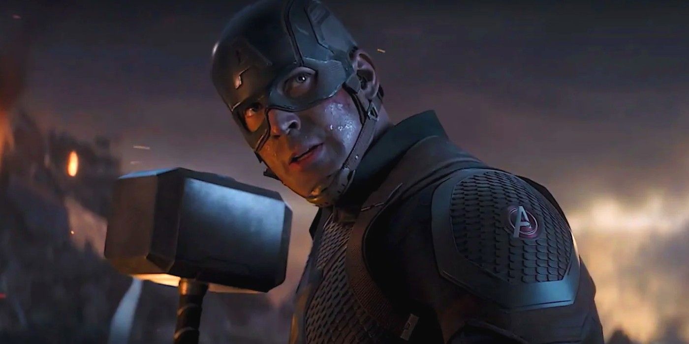 Captain America wielding Thor's Hammer Mjolnir in Avengers Endgame