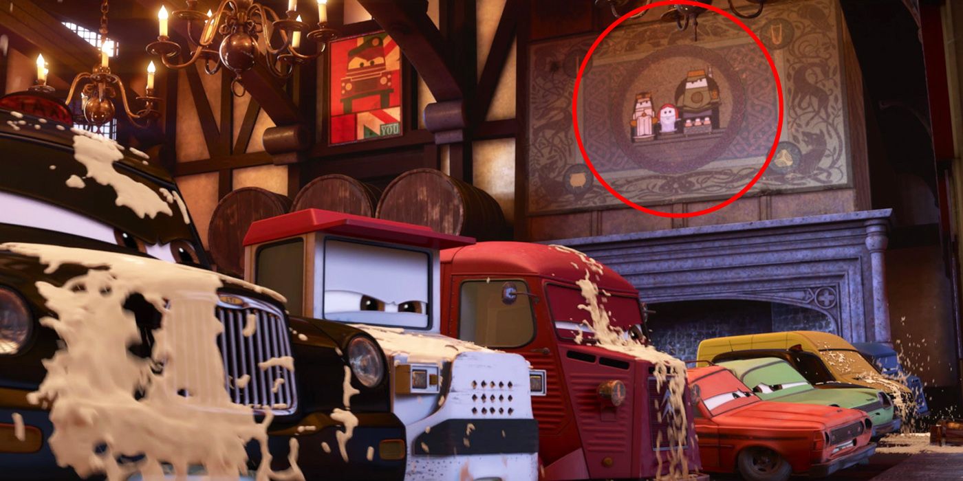 The different cars talking in Cars 2 under a medieval sign.