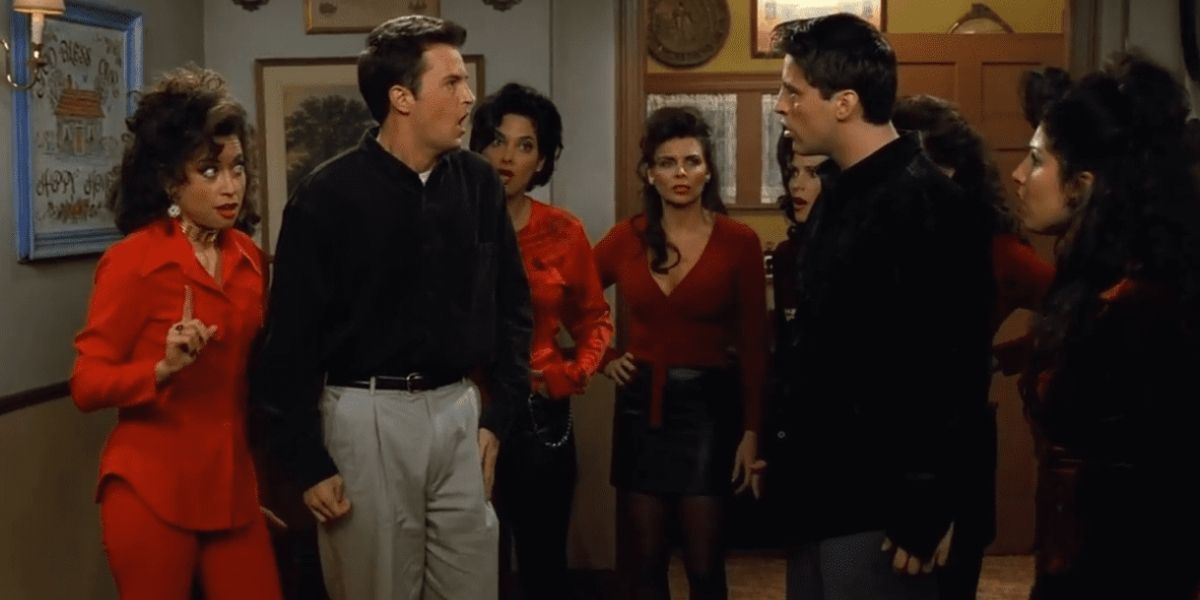 Chandler confronted by Joey's sisters in Friends