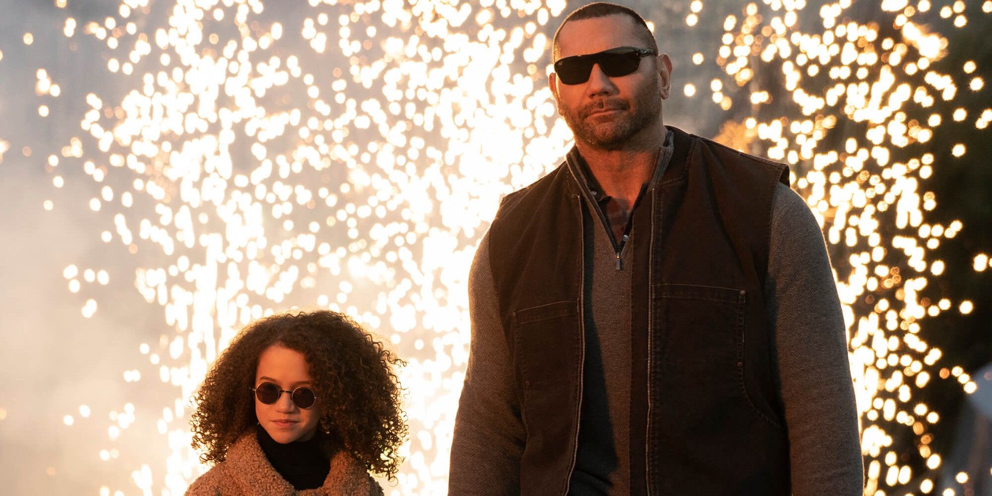 Chloe Coleman and Dave Bautista in My Spy wearing sunglasses