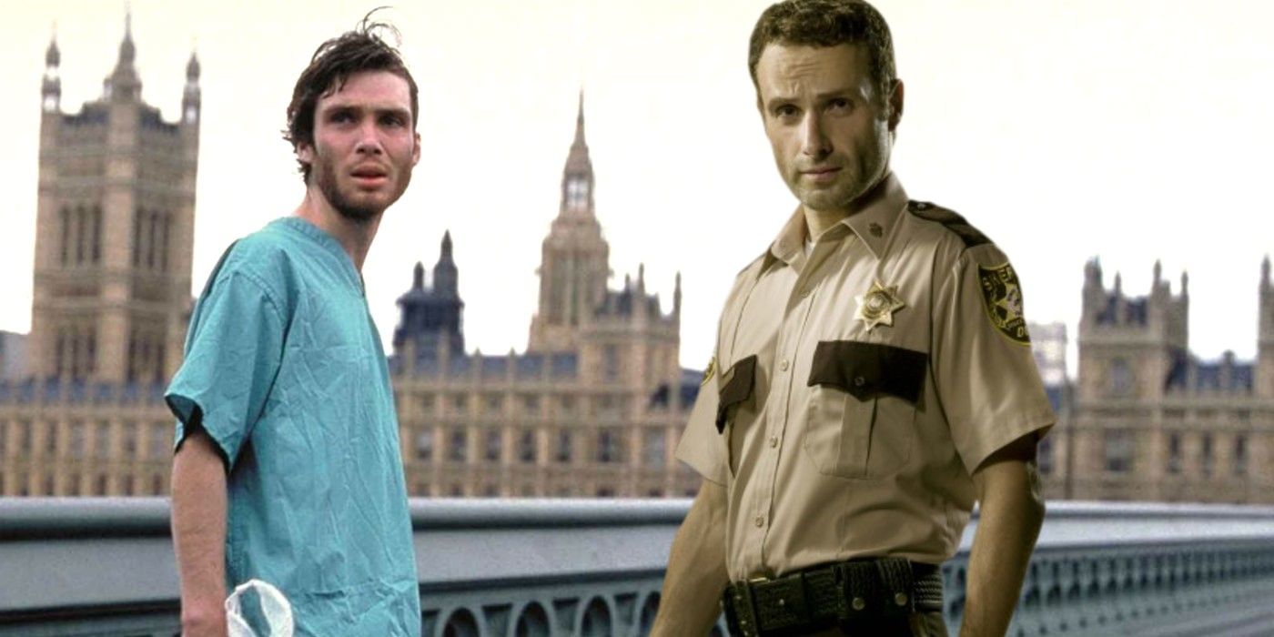 Cillian Murphy as Jim in 28 Days Later and Andrew Lincoln as Rick Grimes in The Walking Dead