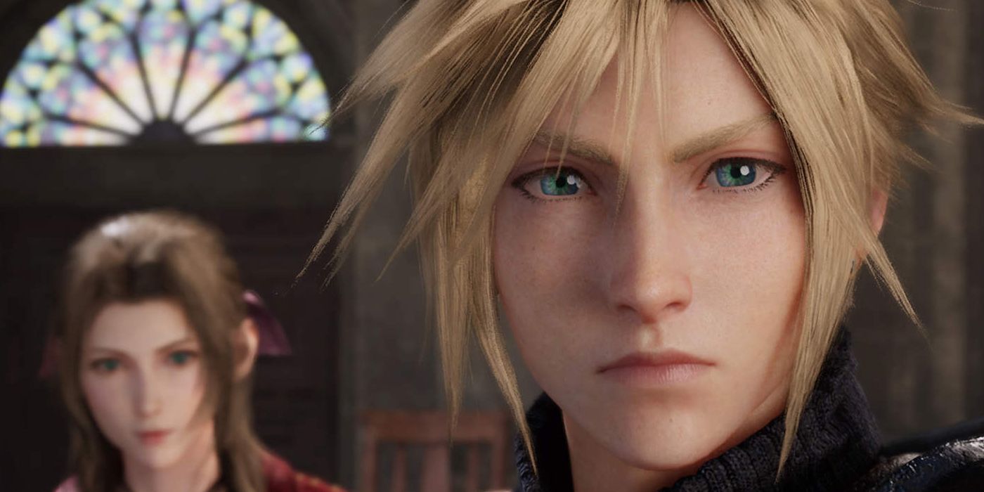 Cloud Aerith looking intently in Final Fantasy VII Remake