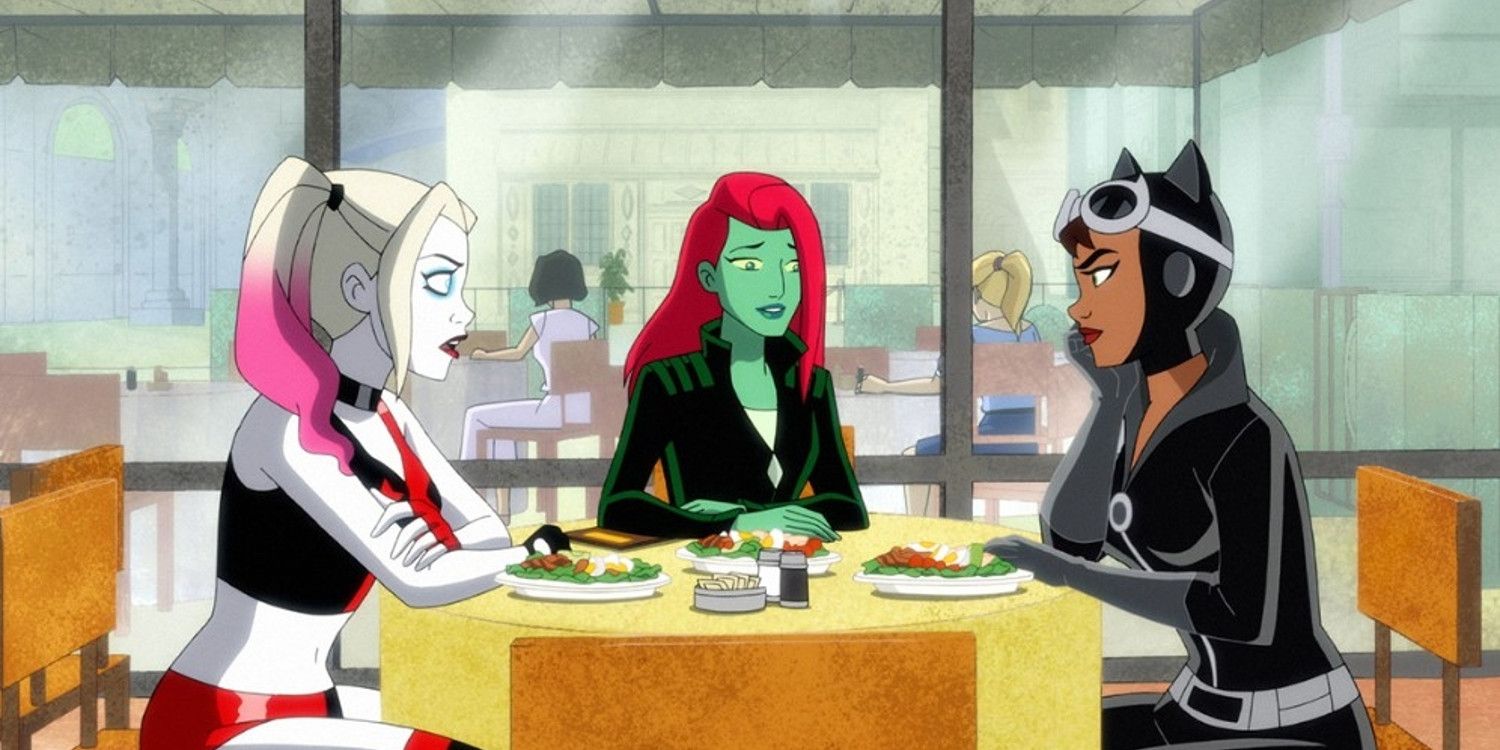 Harley Quinn has dinner with Ivy and Catwoman