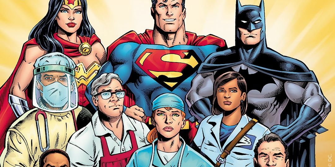 Members of the Justice League stand with workers during the coronavirus outbreak.