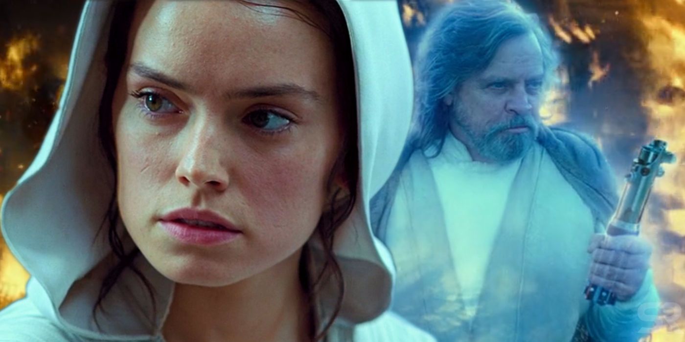 Daisy Ridley as Rey and Mark Hamill as Luke Skywalker
