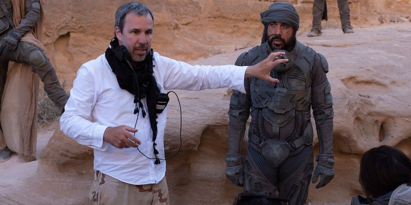 Denis Villeneuve and Javier Bardem on the Dune movie set
