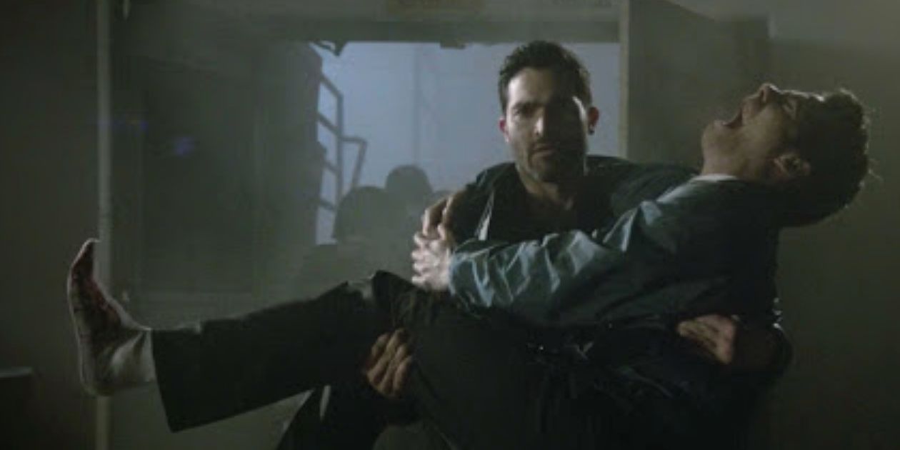 Derek carries Stiles out of a building in a flashback in Teen Wolf