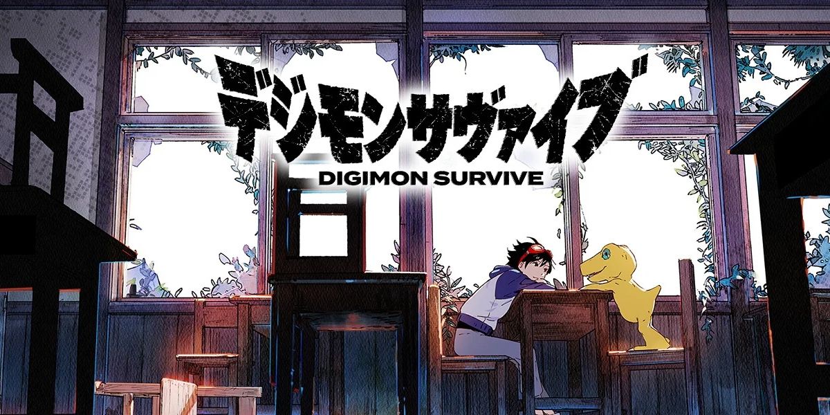 Digimon Survive key art featuring the protagonist in an abandoned building with his Digimon.