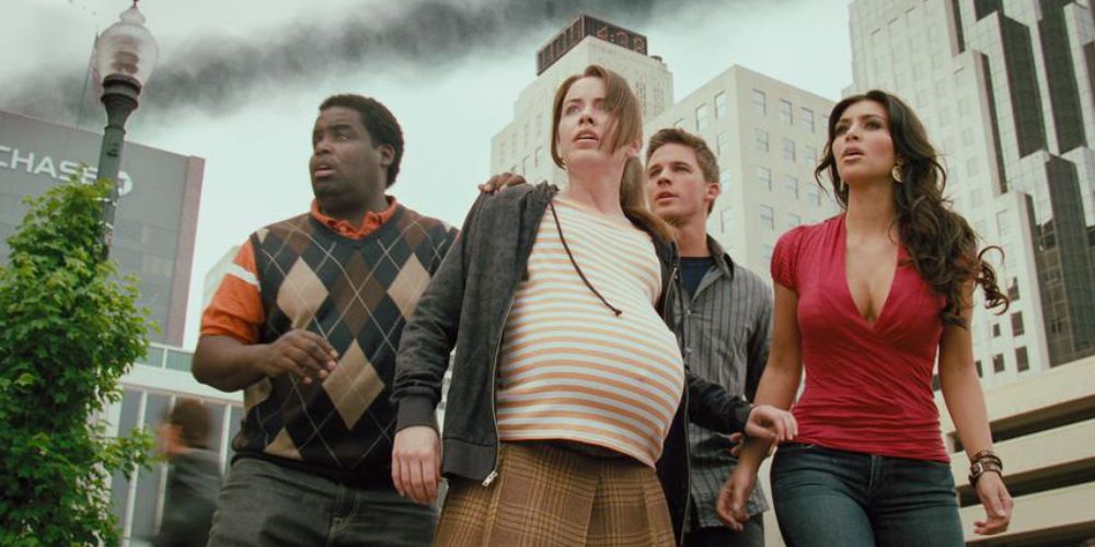 The cast, including Kim Kardashian, looking concerned in Disaster Movie