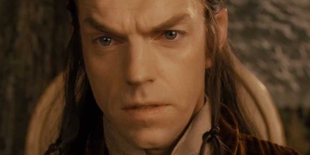 A closeup on Elrond in the council scene in The Lord of the Rings: Fellowship of the Rings